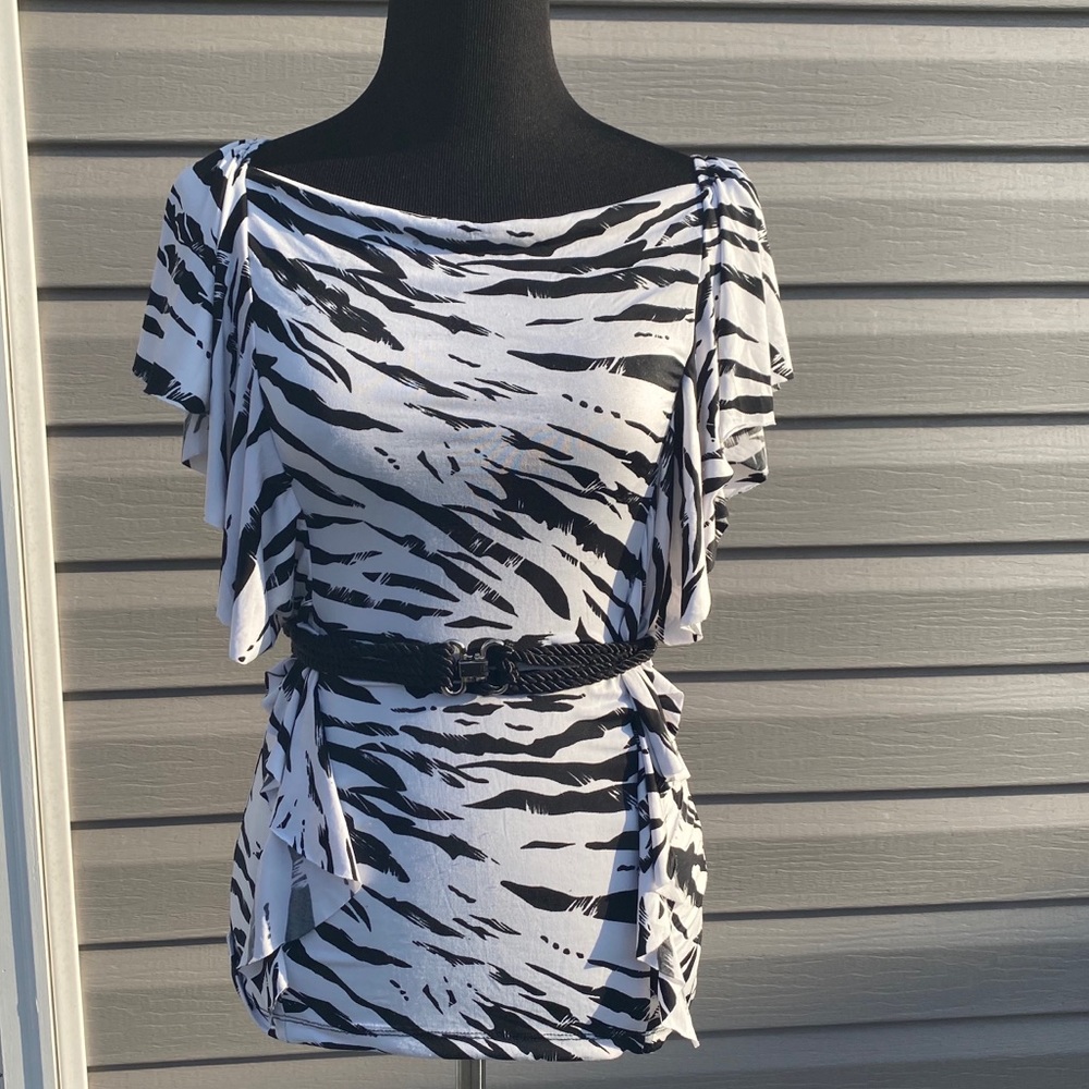 Rue 21 Flutter Sleeve Belted Zebra Blouse Small